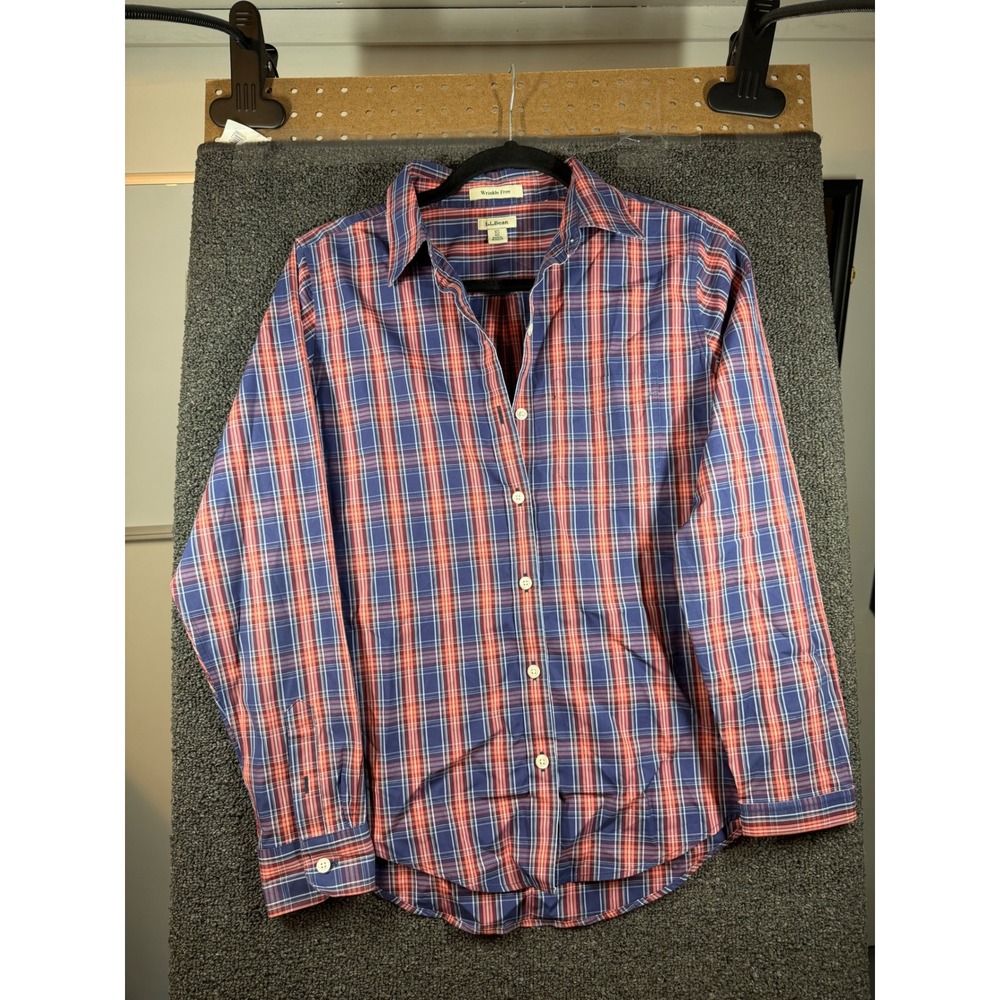 L.L.Bean Button Down Shirt Womens XS Blue Red Plaid Wrinkle Free Long Sleeve